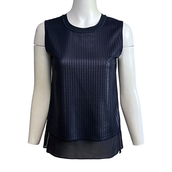 Vince Blouse Women's Small Dark Navy Blue Sleeveless Textured Mesh Overlay Top - Picture 2 of 11